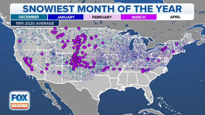 Locations where March is the snowiest month of the year.