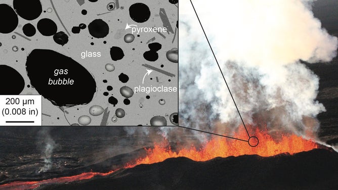 Lava samples collected near Mauna Loa’s fissure 3 vent (shown in this December 7 overflight photo) are glassy and contain bubbles and some very small (200 microns or 0.008 inches long) minerals like plagioclase and pyroxene, as shown in the grey-scale microscope image inset. 