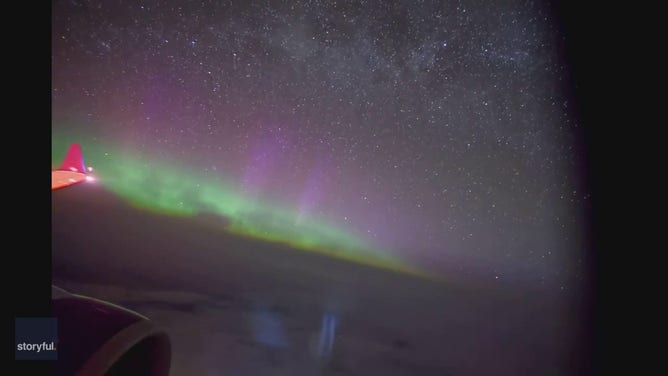 A passenger onboard a flight from Fairbanks, Alaska, to Seattle, Washington, was able to capture a stunning timelapse video of the Northern Lights.
