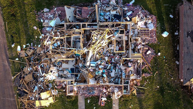 Aerial view of a destroyed neighborhood in Rolling Fork, Mississippi, after a tornado touched down in the area March 25, 2023.