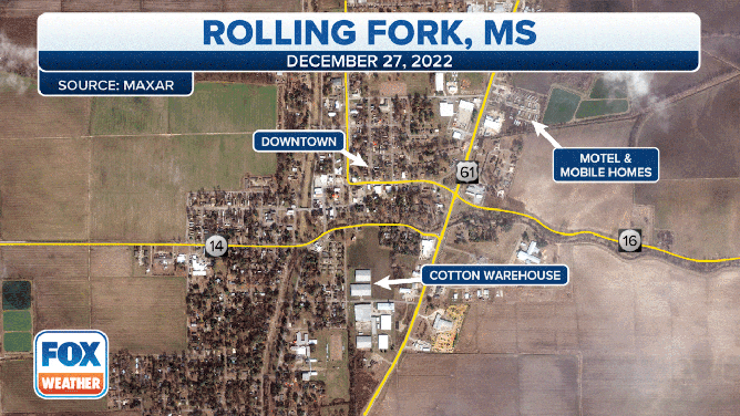 A satellite image showing Rolling Fork, Mississippi, before a violent and deadly tornado on Friday, March 24, 2023.