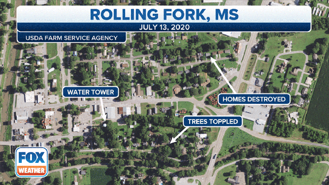 A satellite image showing Rolling Fork, Mississippi, before a violent and deadly tornado on Friday, March 24, 2023.