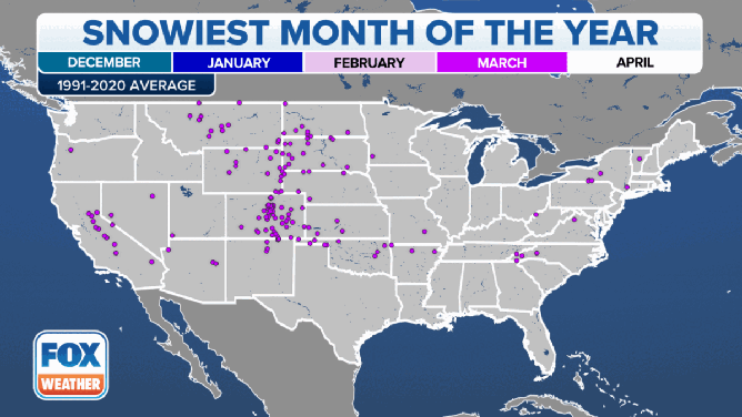 March is the snowiest month for locations dotted with purple while the map showing white dots indicate locations where April is the snowiest month.