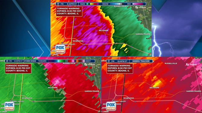 Radar images of the Belvidere, Illinois, area on March 31, 2023, show a storm that caused significant damage to a theater in the town.