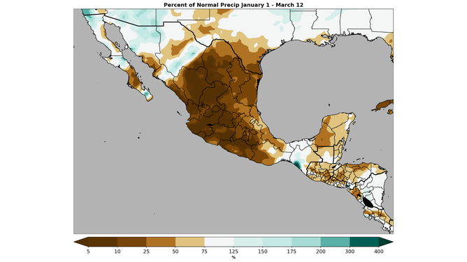 Map of percent of normal precipitation in Mexico