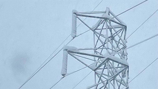 Heavy snow coats power lines in western Massachusetts as a nor'easter hits the region March 14, 2023.