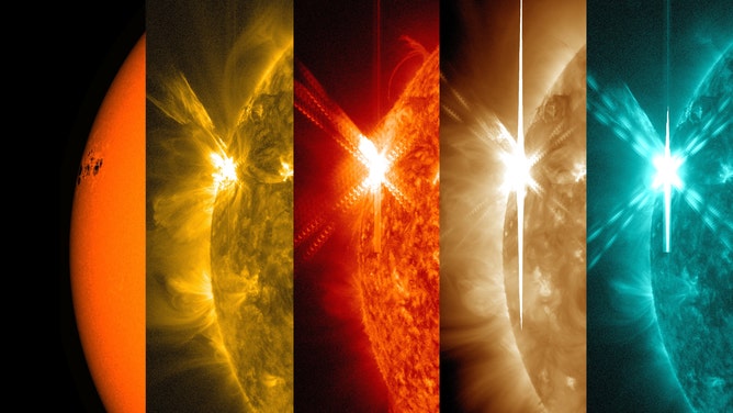 Images of a solar flare that show a different wavelength of extreme ultraviolet light, highlighting a different temperature of material on the sun. From left to right, the wavelengths are: visible light, 171 angstroms, 304 angstroms, 193 angstroms and 131 angstroms. Each wavelength has been colorized. May 5, 2015.