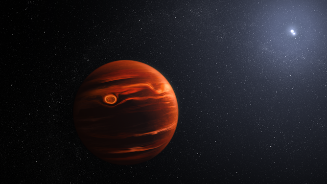 This illustration conceptualizes the swirling clouds identified by the James Webb Space Telescope in the atmosphere of exoplanet VHS 1256 b.