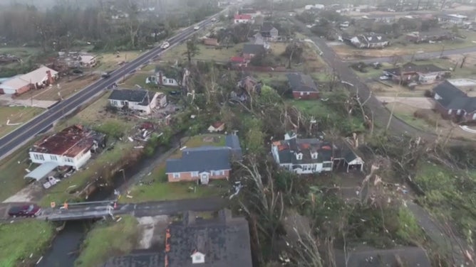 Tornado damage in Amory, Mississippi