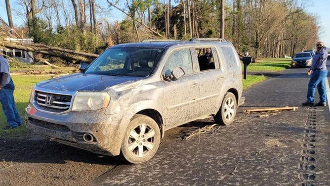 Damage is seen just north of Bridgeville, Delaware, after a severe thunderstorm ripped through the area April 1, 2023.
