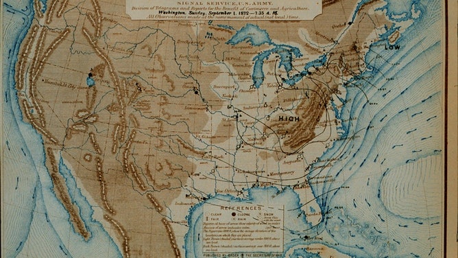 A daily weather map produced by the Signal Corps for September 1, 1872.