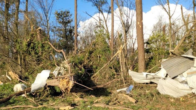 Damage is seen just north of Bridgeville, Delaware, after a severe thunderstorm ripped through the area April 1, 2023.