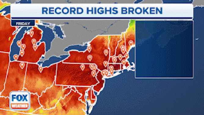 An animation showing record-high temperatures broken on Friday, April 14, 2023.