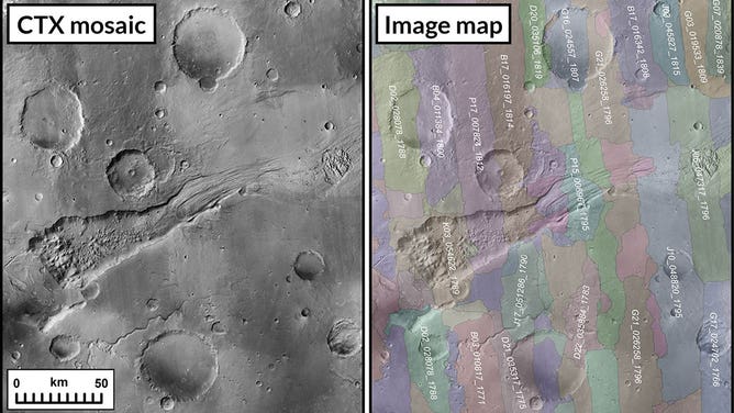 The new global mosaic, shown in a detail example at left, is stitched together from images taken by MRO’s Context Camera. On the right, the image shows how the camera's images, which were shot in strips, were combined.