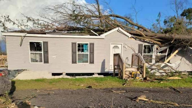 Damage is seen just north of Bridgeville, Delaware, after a severe thunderstorm ripped through the area April 1, 2023.