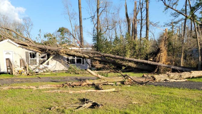 Damage is seen just north of Bridgeville, Delaware, after a severe thunderstorm ripped through the area April 1, 2023.