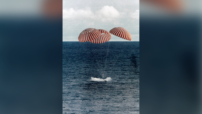 A perilous space mission comes to a smooth ending with the safe splashdown of the Apollo 13 Command Module (CM) in the South Pacific, only four miles from the prime recovery ship.