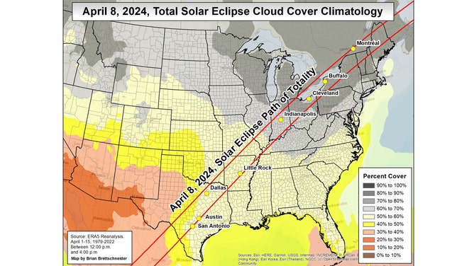 The various colors indicate the average cloud coverage between 12 p.m. and 4 p.m. EDT between April 1 and 15 based on ERA5 data from 1979 to 2022 collected by the European Centre for Medium-Range Weather Forecasting (ECMWF).