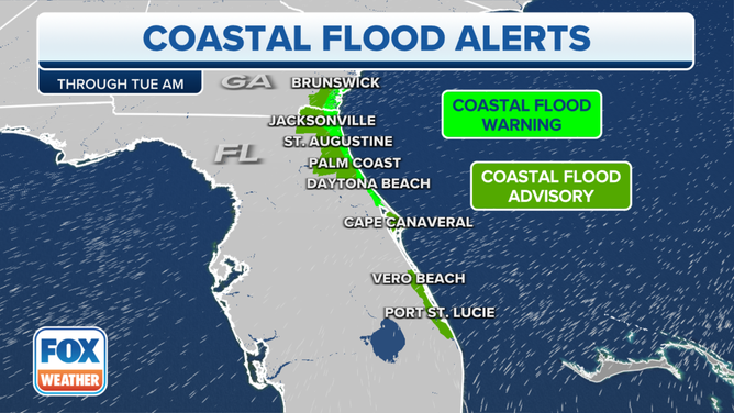An image showing coastal flood alerts in effect in Florida and Georgia through Tuesday morning.