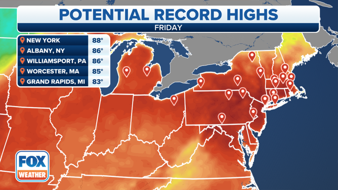 Potential record highs on Friday, April 14, 2023.