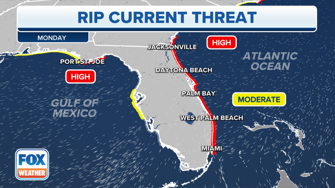 An image showing the rip current threat on Monday, April 10, 2023.