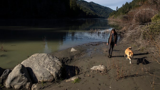 Woman walks along the Eel River with her dog on Tuesday, Jan. 11, 2022 in Redcrest, CA.