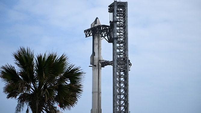 The SpaceX Starship stands ahead of the scheduled launch from the SpaceX Starbase in Boca Chica, Texas on April 19, 2023.