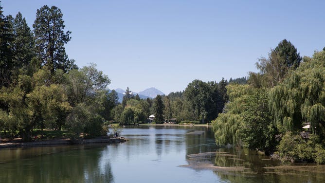 The Deschutes River meanders through the heart of downtown as viewed on August 9, 2021, in Bend, Oregon.