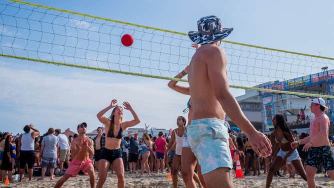 College students play volleyball at the beach during the South Padre Spring Break tradition on March 19, 2022 in South Padre Island, Texas. 