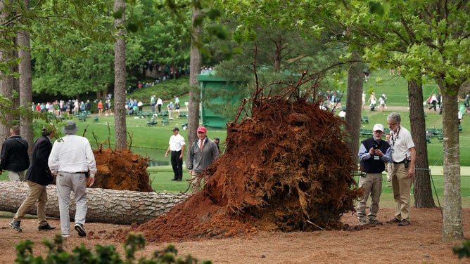 Course officials look over fallen trees on the 17th hole during the second round of the 2023 Masters Tournament at Augusta National Golf Club on April 07, 2023 in Augusta, Georgia.