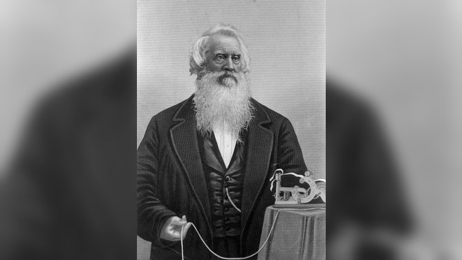 Portrait of Samuel Morse with a telegraph.