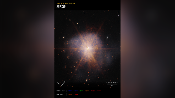 Image of Arp 220 captured by Webb’s Near-Infrared Camera (NIRCam) and Mid-Infrared Instrument (MIRI), with compass arrows, scale bar, and color key for reference.