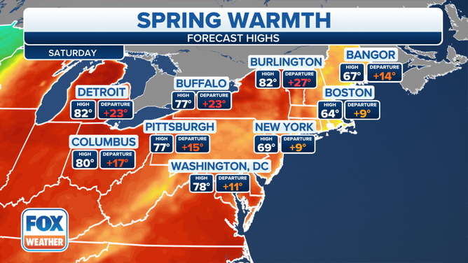 Forecast highs across the Northeast on Saturday, April 15. 