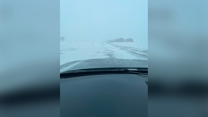 A photo showing snowy conditions on Interstate 29 two miles south of the Grant/Codington County line in South Dakota on April 4, 2023.