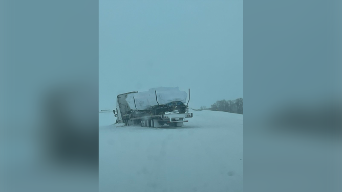 A photo showing a stuck semi near the Peever exit on Interstate 29 in South Dakota on April 4, 2023.