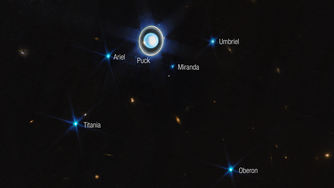 This wider view of the Uranian system with Webb’s NIRCam instrument features the planet Uranus as well as six of its 27 known moons (most of which are too small and faint to be seen in this short exposure). A handful of background objects, including many galaxies, are also seen.