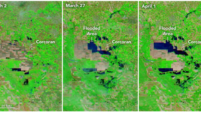 Satellite imagery of flooded areas around Tulare Lake and the city of Corcoran on March 2, March 27, and April 1, 2023.