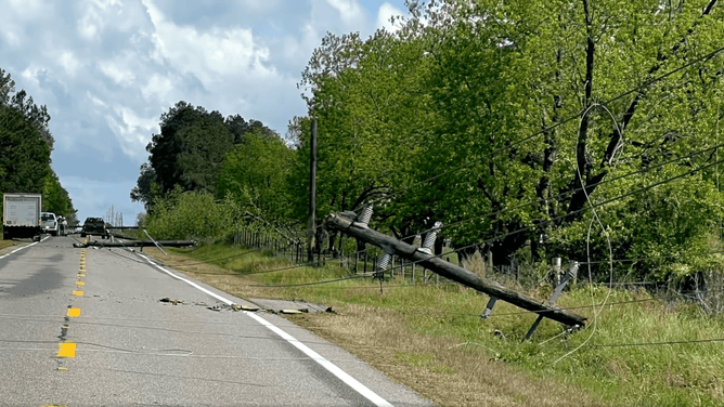 Downed power lines after a storm in Crisp County in southern Georgia. April 13, 2023.