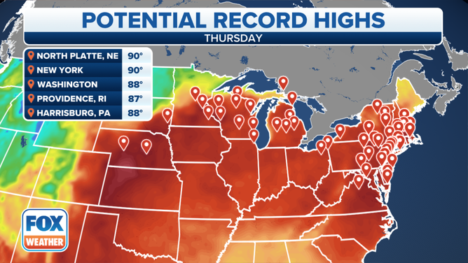 Potential record highs on Thursday, April 13, 2023.