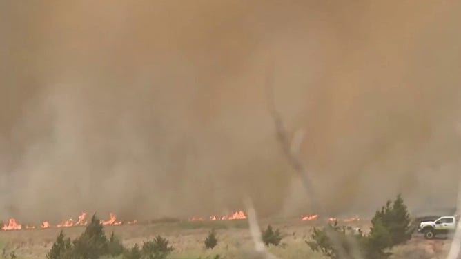 Wildfire burns near Weatherford, Oklahoma. April 4, 2023.