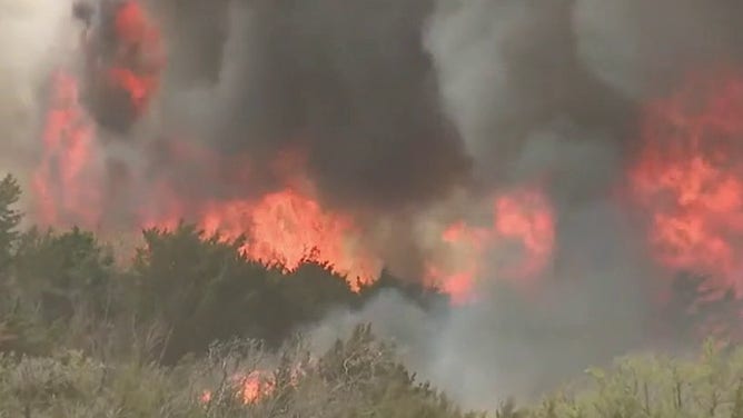 Wildfire burns near Weatherford, Oklahoma. April 4, 2023.