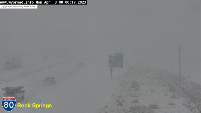 A photo showing snowy conditions on Interstate 80 in Rock Springs, Wyoming, on April 3, 2023.