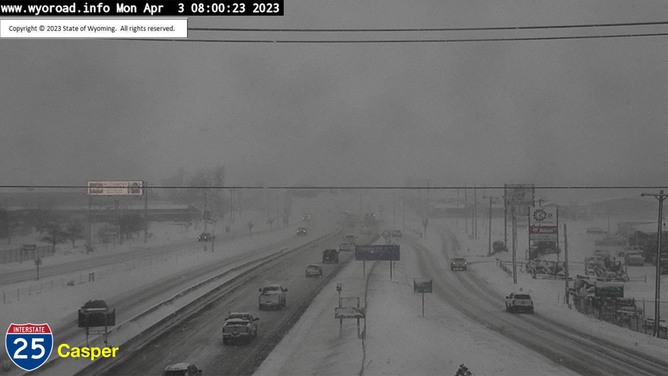 A photo showing snow-covered roads on Interstate 25 in Casper, Wyoming, on April 3, 2023.