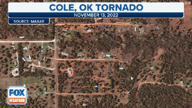 Satellite imagery before and after a tornado moved through Cole, Oklahoma on April 19, 2023.