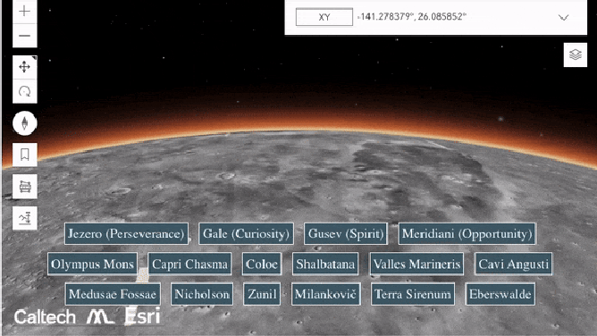 An example of how the interactive takes viewers to the Jezero Crater on Mars.