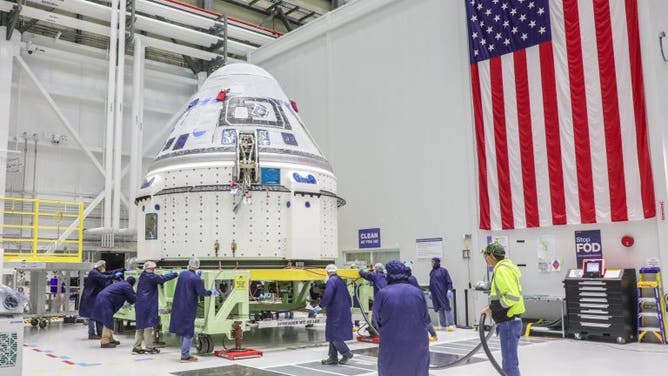 The Boeing CST-100 Starliner spacecraft was moved into the Hazardous Processing Area at the company’s Commercial Crew and Cargo Processing Facility at NASA’s Kennedy Space Center in Florida on Feb. 8, 2023, in advance of power up and fueling operations.