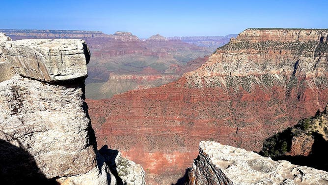 FILE - Striations are seen in the walls of the Grand Canyon at Grand Canyon National Park in Arizona during the spring of 2023.