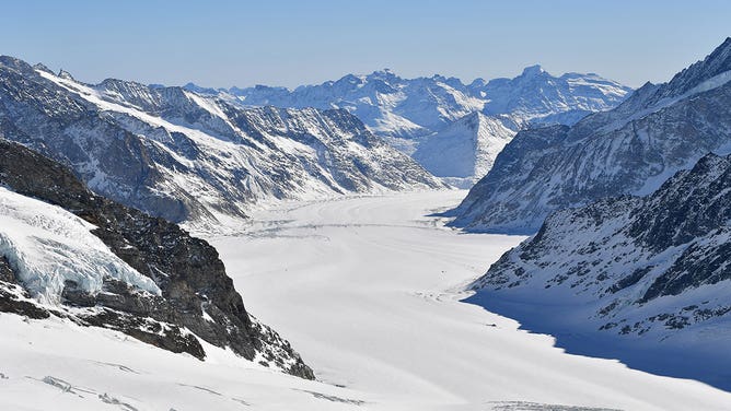 This photo taken on Feb. 14, 2023, from Observation Terrace Sphinx on Jungfrau Mountain at the altitude of 3,571 meters above sea level shows the Aletsch glacier in Switzerland.