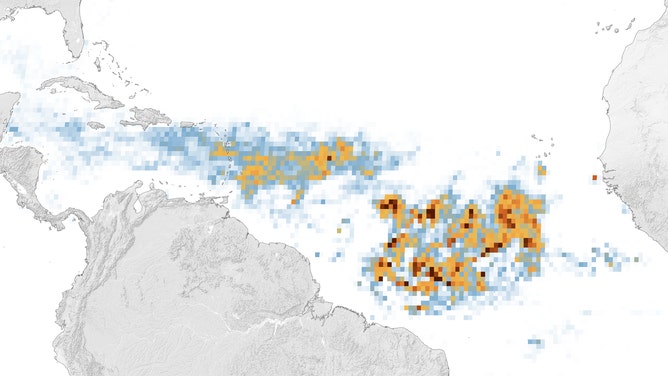 Colorful pixels show the location of the Great Atlantic Sargassum Belt. March 2023.