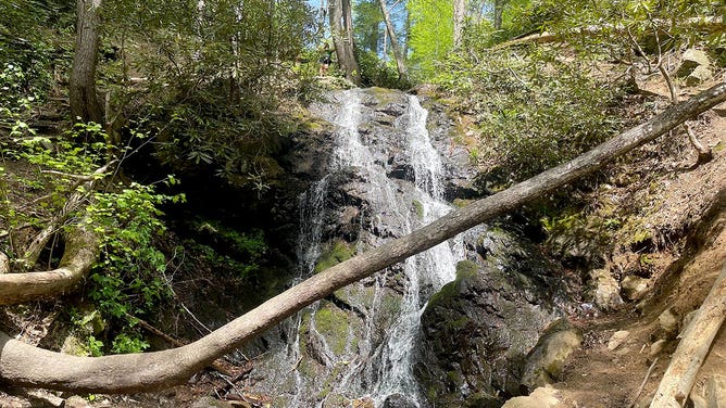 A hiker stands at the top of a waterfall at Great Smoky Mountains National Park in Tennessee during the spring of 2023.